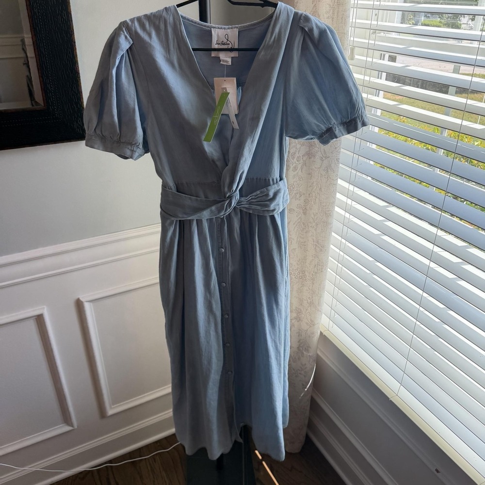 Sam Edelman Christy Dress Womens Medium Blue Midi Puff Sleeve Belted